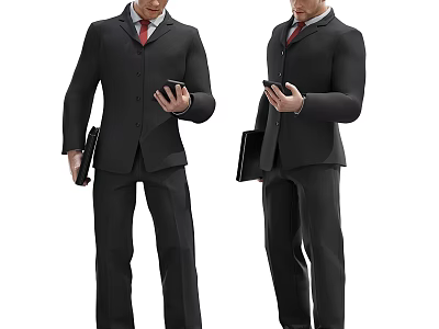 Two Men in Black Suits with Red Ties Checking Smartphones and Holding Black Folders 3d model