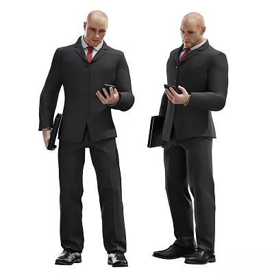 Two Men in Black Suits with Red Ties Checking Smartphones and Holding Black Folders 3d model