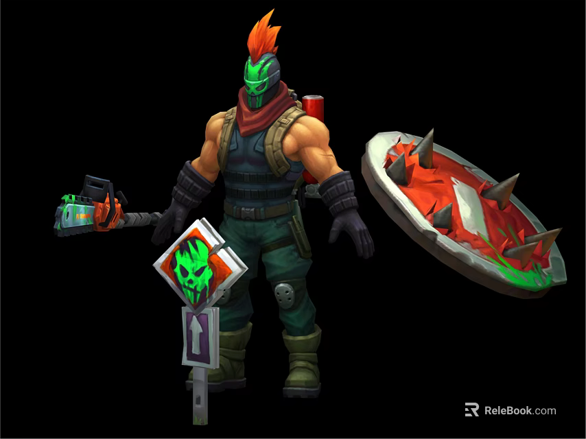 Mythical Warrior Character With Flame Hair Mask Armor Spiked Shield Weapon And Creature Companion 3d model 