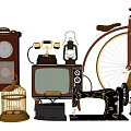Vintage Television Surrounded by Classic Old Fashioned Items in Retro Collection