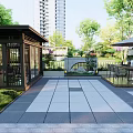 Serene Garden Featuring Wooden Pavilion Stone Paved Courtyard Outdoor Tables And Green Plants