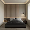 Modern Minimalist Bedroom Interior With Wooden Slat Wall Gray Bed Nightstands Table Lamps And Window