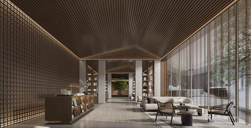 Book Art Themed Space With Wooden Ceiling Bookshelves Sofa And Green Plant Interior 3d model 