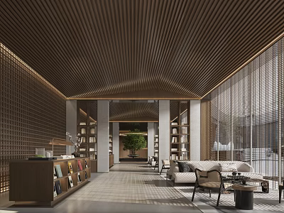 Book Art Themed Space With Wooden Ceiling Bookshelves Sofa And Green Plant Interior 3d model