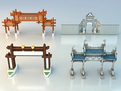 Traditional Chinese Memorial Archway Collection With Diverse Wooden Stone Designs And Intricate Carvings 3d model