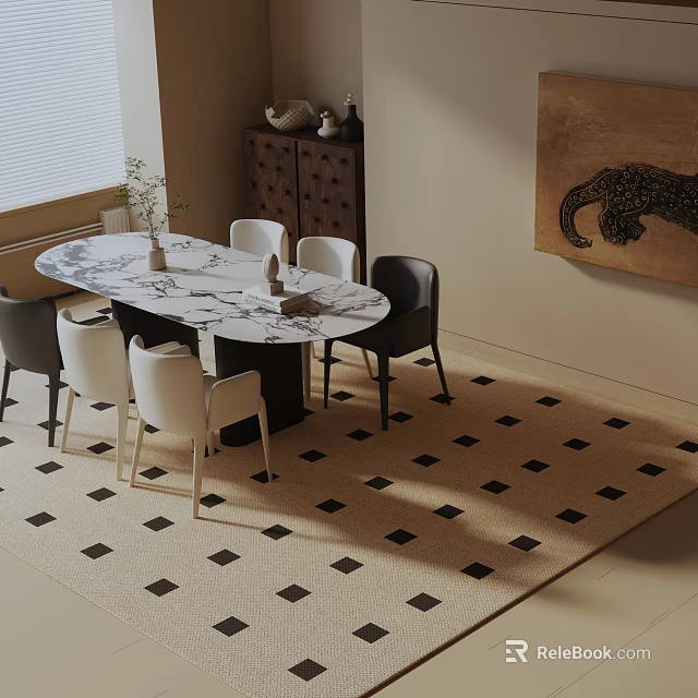 Marble Top Dining Table Set with White Black Chairs on Checkerboard Rug and Leopard Painting 3d model 