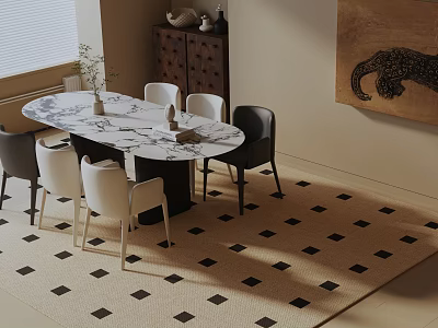Marble Top Dining Table Set with White Black Chairs on Checkerboard Rug and Leopard Painting 3d model