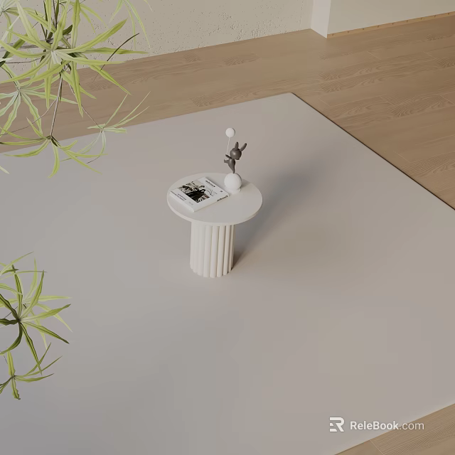 White Round Side Table with Fluted Base Magazine Decorative Accent and Green Plants on Rug 3d model 