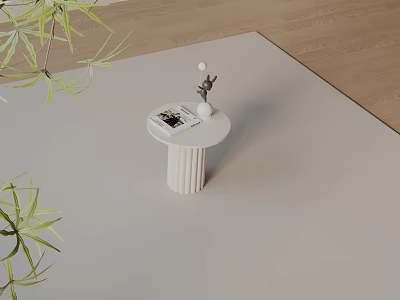 White Round Side Table with Fluted Base Magazine Decorative Accent and Green Plants on Rug 3d model