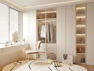 Modern Walk-in Closet Design With White Cabinets Hanging Clothes Mirror Chair Round Rug And Decor 3d model