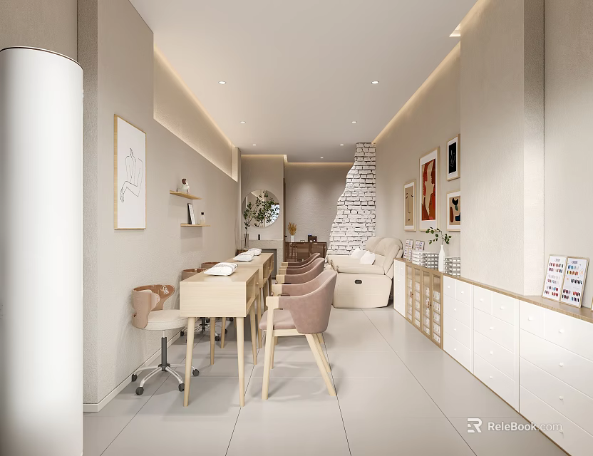 Minimalist Beauty Studio Interior With Long Table Chairs Sofa Cabinets And Decorative Paintings 3d model 
