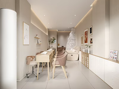 Minimalist Beauty Studio Interior With Long Table Chairs Sofa Cabinets And Decorative Paintings 3d model
