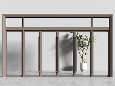 Modern Glass Entrance Door With Metal Frame White Planter And Green Plant 3d model