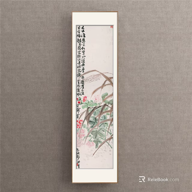Chinese Traditional Botanical Painting With Lotus Leaves And Reed For Wall Decor 3d model 