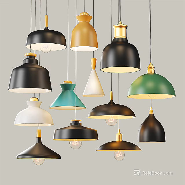 Modern Vibrant Pendant Lights with Diverse Designs and Gold Accents Hanging in 3d model 