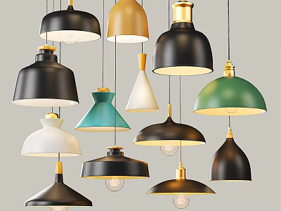 Modern Vibrant Pendant Lights with Diverse Designs and Gold Accents Hanging in 3d model