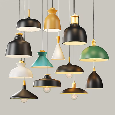 Modern Vibrant Pendant Lights with Diverse Designs and Gold Accents Hanging in 3d model