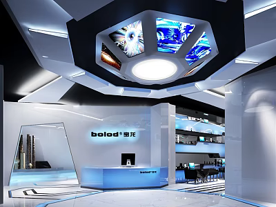 Modern Bolod Reception Desk In Contemporary Lobby With Luminous Ceiling Display Screens And Blue Counter 3d model