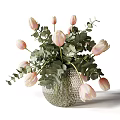 Decorative Glass Vase With White Pink Tulips And Fresh Eucalyptus Leaves