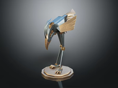 Intricate Bird Sculpture With Metallic Wings Long Legs And Base Stand 3d model