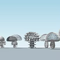 White and Silver Spherical Flower Shaped Sculptures on Gray Background With Shadow Effects 3d model