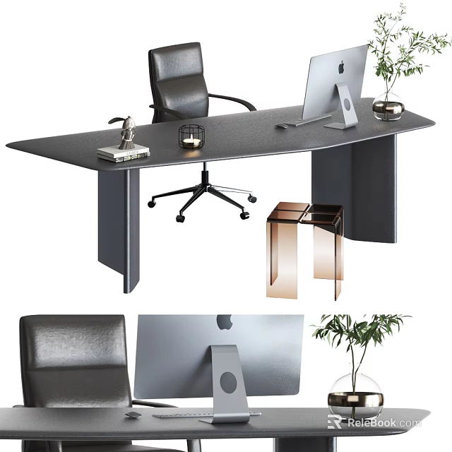 Office Desk With Black Leather Chair Apple Computer Small Potted Plant And Metal Side Table 3d model 