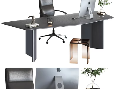 Office Desk With Black Leather Chair Apple Computer Small Potted Plant And Metal Side Table 3d model