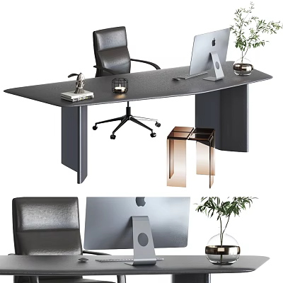 Office Desk With Black Leather Chair Apple Computer Small Potted Plant And Metal Side Table 3d model