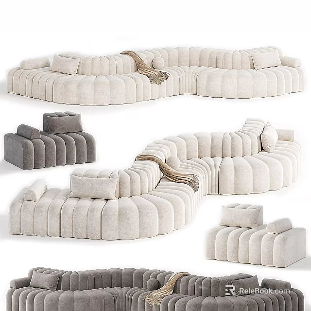 Beige And Gray Sectional Sofa With Plush Cushions And Cozy Blanket Design 3d model 