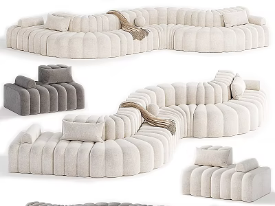 Beige And Gray Sectional Sofa With Plush Cushions And Cozy Blanket Design 3d model