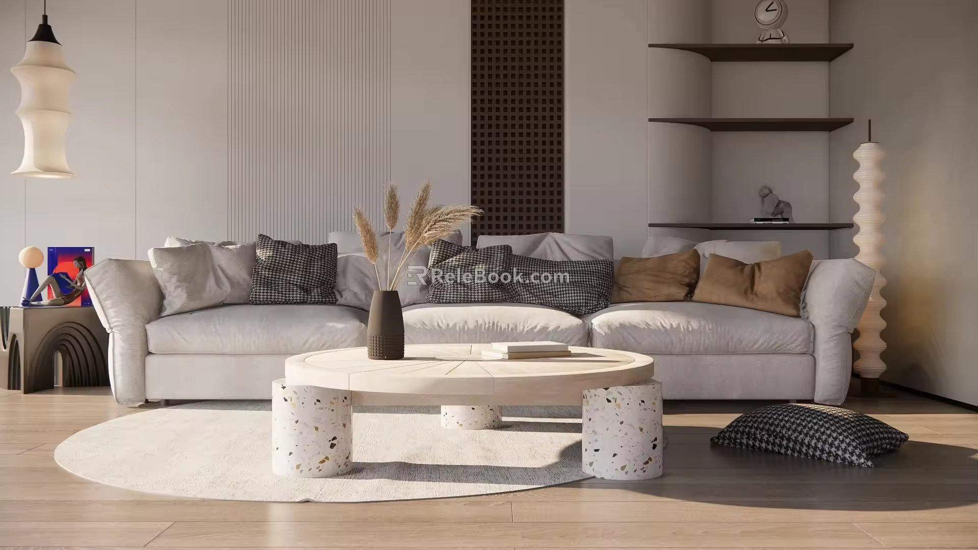 Modern three-seat sofa multi-person sofa coffee table side table chandelier floor lamp combination 3d model