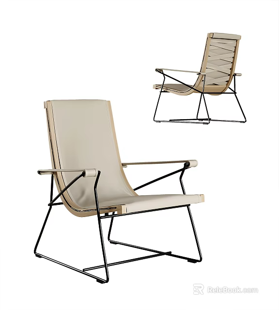 Modern Leisure Chair With Beige Fabric Seat And Black Metal Frame Design 3d model 