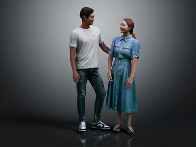 Two People Standing Together Wearing White T-Shirt Green Pants And Blue Dress Smiling 3d model