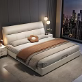 Modern Double Bed with White Leather Headboard City View Table Lamp and Brown Blanket