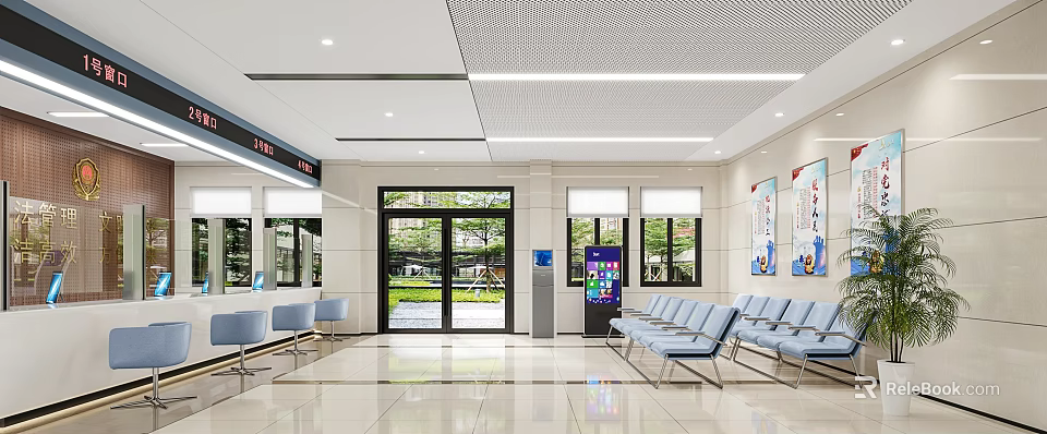 Modern Waiting Hall Interior With Blue Chairs Glass Doors Ceiling Lights Vending Machine And Windows 3d model 