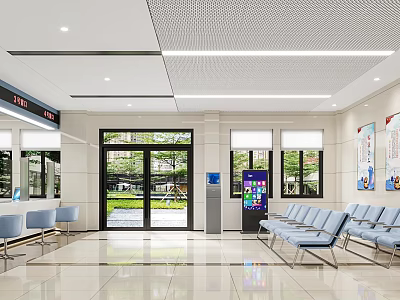 Modern Waiting Hall Interior With Blue Chairs Glass Doors Ceiling Lights Vending Machine And Windows 3d model