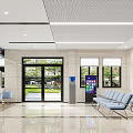 Modern Waiting Hall Interior With Blue Chairs Glass Doors Ceiling Lights Vending Machine And Windows