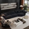 Modern Living Room Interior With Dark Blue L shaped Sofa Marble Coffee Table And Bookshelves