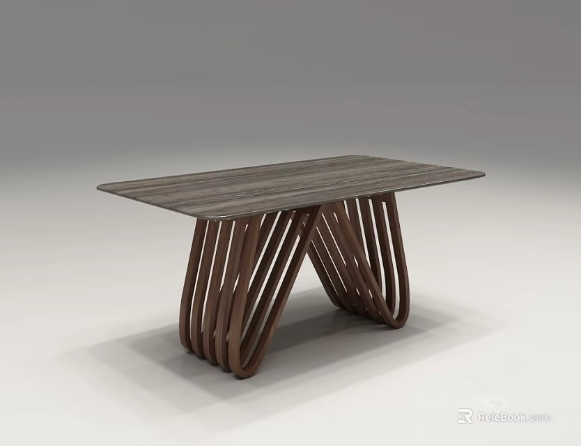 Modern Wooden Dining Table With Rectangular Top And Unique Striped Support Legs 3d model 