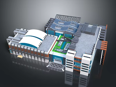 Modern Building Structure With Curved White Roof Green Courtyard And Glass Facade 3d model