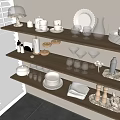 Modern Dinnerware Collection with Plates Cups Glasses Jars and Napkins on Wooden Shelves