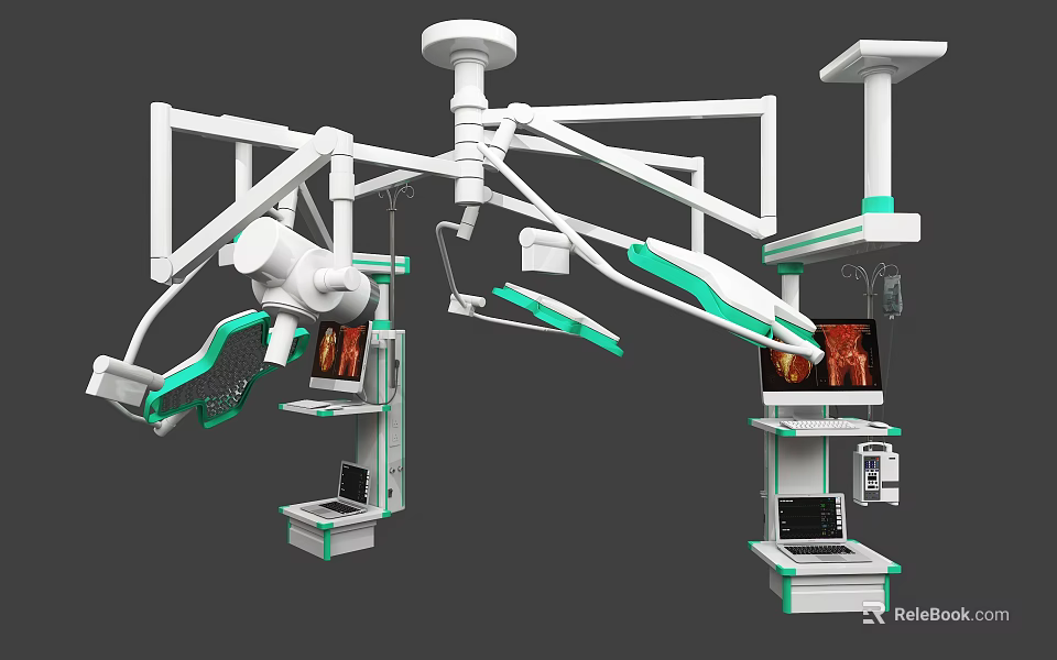 Advanced Medical Devices For Operating Room With Suspended Surgical Lights And HD Monitors 3d model 