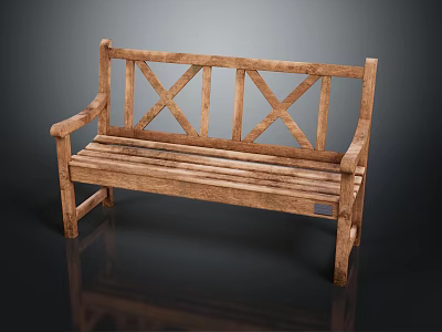 Natural Wooden Outdoor Bench with Cross Back Design and Armrests for Garden Patio 3d model