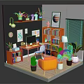 Cartoon Scene of Cozy Workspace with Orange Bookshelves Desk Computer Yellow Chair and Green Plants