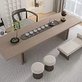 Modern Wooden Tea Table And Chairs With Tea Set Round Stools Bench And Natural Light