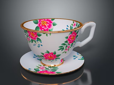 White Ceramic Teacup And Saucer With Pink Floral Pattern And Gold Trim 3d model