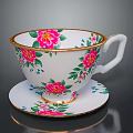 White Ceramic Teacup And Saucer With Pink Floral Pattern And Gold Trim