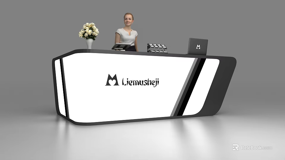 Modern Black And White Reception Desk With Flower Vase Receptionist And Lienwüsteji Logo 3d model 