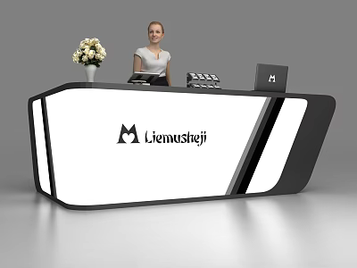Modern Black And White Reception Desk With Flower Vase Receptionist And Lienwüsteji Logo 3d model