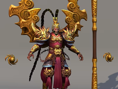 Mythical Warrior Character In Golden Ornate Armor With Red Robe And Polearm Weapon 3d model